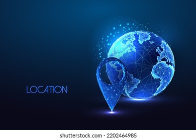 Concept of global location with planet Earth globe and pin geolocation marker in futuristic style