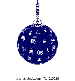Concept global logistics network. Silhouette of  blue ball on a string and vector logistics icons. Stock vector. Flat design.