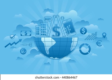 Concept of Global Markets in blue sky and clouds. Earth in the form of a shopping basket. Thin line icons set. Flat line vector illustration of Global Business set.