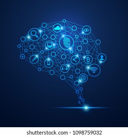 concept of global network or communication world, graphic of brain with digital technology icons
