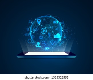 Concept Of Global Network Or Communication World, Graphic Of Mobile With Digital Globe And Technology Icons
