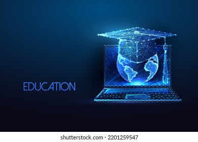 Concept of global online education with laptop, planet Earth and graduation cap in futuristic style 