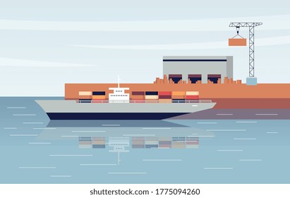 The concept of global transport is a warehouse and port with a cargo ship. Vector flat illustration for banner, poster and web design.
