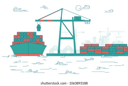 concept of global transportation, graphic of cargo port with operating equipment, vector of crane loading on industrial ship