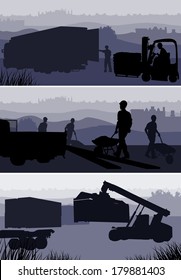 Concept of global transportation. Set of illustrations showing loading of goods