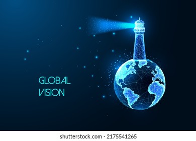 Concepto de visión global con el planeta Tierra globo y faro en estilo futurista brillante en azul