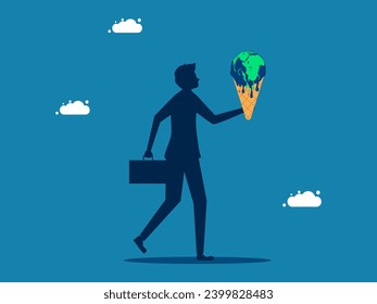concept of global warming. Businessman holds earth melting like ice cream. Vector 