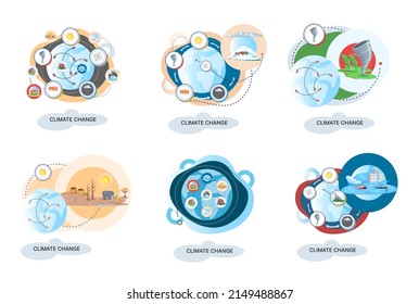 Concept of global warming, climate change, natural disaster, deforestation, global heating, air pollution. Environmental accident on planet, ecological catastrophy warning icons set world problem