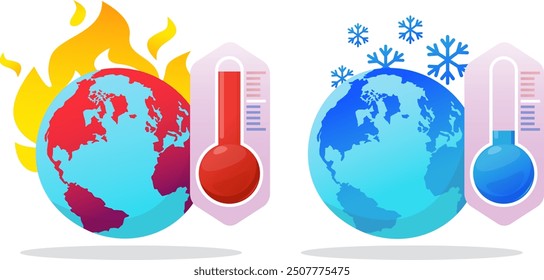 Concepto de calentamiento o enfriamiento global, termómetros sobre un fondo de globo con altas y bajas temperaturas