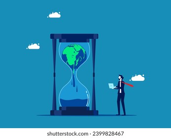 Concept of global warming crisis. Businessman watches the world melt in an hourglass. Vector 