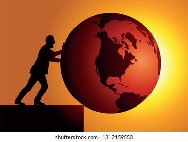 Concept of global warming and destruction of the environment with as symbol, an irresponsible man, pushing the earth into a pit.