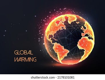 Concept of global warming with red burning planet Earth globe in futuristic glowing style on black