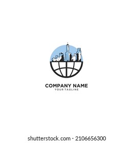 El concepto de un logo de globo terráqueo sobre una ilustración urbana con un cielo azul, adecuado para íconos de empresas dedicadas a la industria, la propiedad, la tecnología y otros