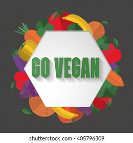 The concept go vegan. Vector illustration of vegetables and fruits. Vegan, rawfoodist. Nutrition and lifestyle. Frame with space for text. Flat style. Set of food , fruits and vegetables
