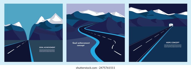 Concept of Goal Achievement.  Templates minimal  for poster, cover, card set with nature landscape, mountains,  higway, roadway or road. Typography design.