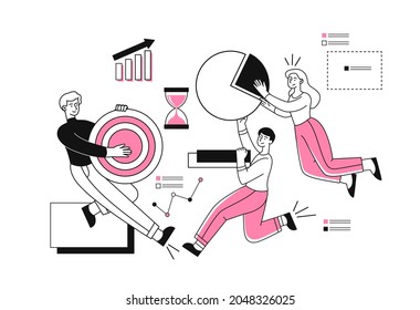 Concept of goal achievment. Employees work together to solve common problem. Time running out, planning, setting tasks. Matephor of target. Cartoon vector illustration isolated on white background