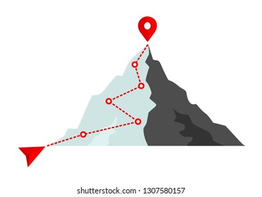 Concept Of Goal, Mission, Vision, Career Path.Mountain Climbing Route To Peak In Flat Style. Business Journey Path In Progress To Success Vector Illustration. Mountain Peak, Climbing Route To Top Rock