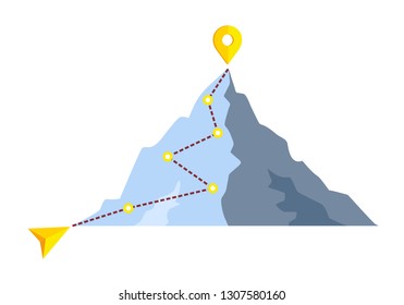 Concept of Goal, Mission, Vision, Career path.Mountain climbing route to peak in flat style. Business journey path in progress to success vector illustration. Mountain peak, climbing route to top rock