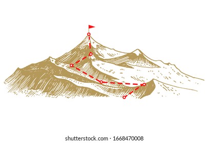 Concept of Goal and route to peak. Business success poster or mission banner. Overcoming obstacles and Career journey path. Mountain peak climbing. Hand drawn engraved monochrome sketch.