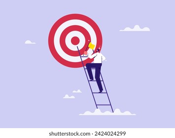 Concept of goal setting and achievement, defining work directions for success, businessman climbs up the ladder to target