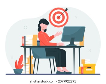 Concept of goal setting. Girl sits at table next to arrow in target. Metaphor of responsible and successful employee. Subordinate follows instructions of superior. Cartoon flat vector illustration