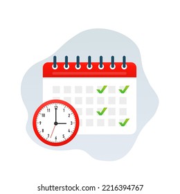 The concept of goal setting and workflow planning. A calendar icon with a tick and a clock. Vector illustration