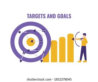 concept of goals or targets, business plans and strategies. illustration of man using bow and arrow for archery arrow boards and charts. achievements and efforts. flat style. design elements