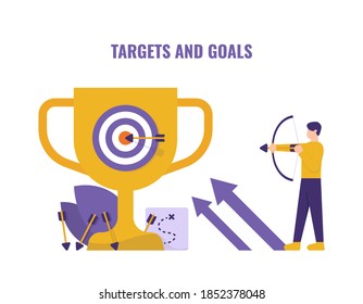 concept of goals or targets, business plans and strategies. illustration of a man using a bow and arrow to shoot a dartboard and trophy. achievements and efforts. flat style. design elements