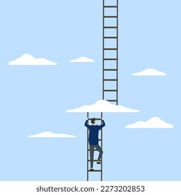 Concept of Going to the next level, entrepreneur climbing ladder to cloud level to reach next level, career development or business improvement achieve better quality, growth or growth concept.