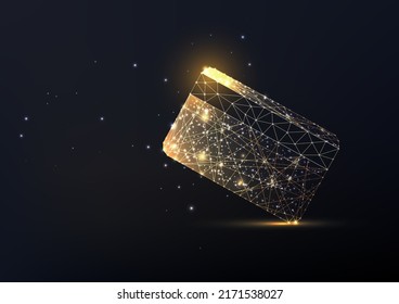 Concept of gold credit card in futuristic glowing low polygonal style on black backgound. 