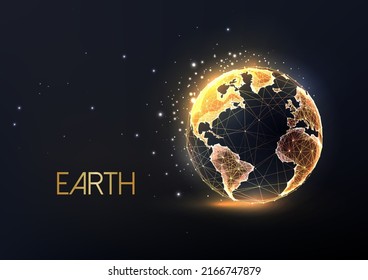 Concept of gold world map, planet Earth globe in futuristic glowing style on black background. 