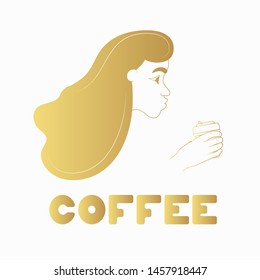 Concept with golden girl blowing on hot coffee cup. Poster template for cafe, shop or house.