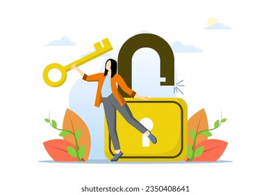 concepto de clave dorada para abrir, resolver problemas, profesional para proporcionar solución, clave para negocios exitosos o accesibilidad de negocios abiertos, empresario inteligente con llave dorada para abrir pad.
