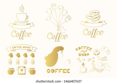 Concept golden labels for coffee house, shop, menu with girl blowing on hot cup of drink, mugs like balloons, beans, donuts and leaves. Gold poster template for cafe.