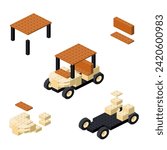 Concept with golf cart made of plastic bricks. Vector