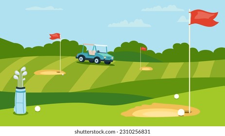 Konzept Golfplatz. Das ist ein flaches, kartoonisches Design eines Golfplatzes als Hintergrund. Vektorgrafik.