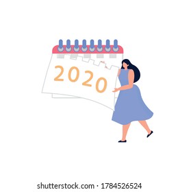 Concept  good bye year 2020. Woman tears off a sheet of calendar with the inscription 2020. Vector illustration 