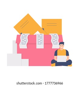 the concept of good, efficient, effective and hard-working employees. illustration of a man sitting while using a laptop to do his many tasks. flat design. can be used for elements, landing pages, UI