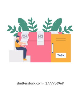 the concept of good, efficient, effective and hard-working employees. illustration of a man sitting while using a laptop to do his many tasks. flat design. can be used for elements, landing pages, UI
