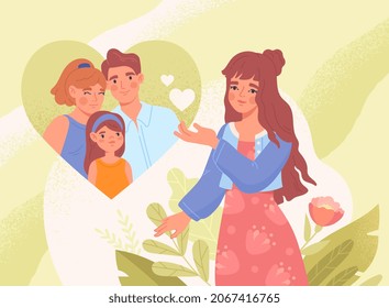 Concept of good healthy relations. Beautiful woman remembers her family. Female character feels love and emotional uplift. Positive memories of dear people. Cartoon modern flat vector illustration