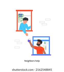 Concept of good neighborhood. Kind smiling neighbors help each other and share items through open window of house. Man passes salt to friend. Cartoon flat vector illustration in doodle style