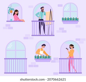 Concept of good neighborhood. Neighbors in open windows and balconies communicate and help each other. Kind male and female characters provide support and share tips. Cartoon flat vector illustration