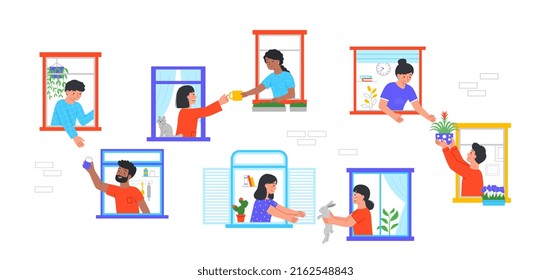 Concept of good neighborhood. Set of men and women sharing various things with each other through open windows of house. Good neighbors. Cartoon flat vector collection isolated on white background