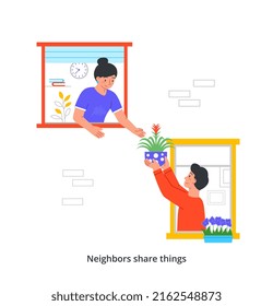 Concept of good neighborhood. Young smiling man passes potted flower to girl through open window of house. Good neighbors help and support each other. Cartoon flat vector illustration in doodle style