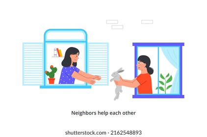 Concept of good neighborhood. Young smiling woman give her friend cute rabbit through open window of house. Good neighbors help and support each other. Cartoon flat vector illustration in doodle style