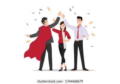 The Concept Of Good Teamwork Illustration. Office, Boss, Superhero. Vector Flat Illustration