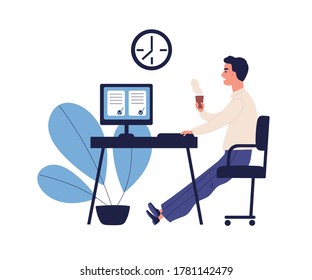 Concept of good time management, productive work, self organization. Office man having coffee break with done to do list, appointment in flat vector cartoon illustration isolated on white background