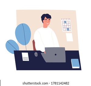 Concept of good time management, productive office work, self organization. Happy, succeed, man with done to do list, appointment. Organize agenda. Flat vector cartoon illustration isolated on white