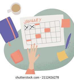 Concept of good time management, work plan. Organize your schedule. Calendar with stickers and notes, a board with a task, an agenda. Flat vector illustration