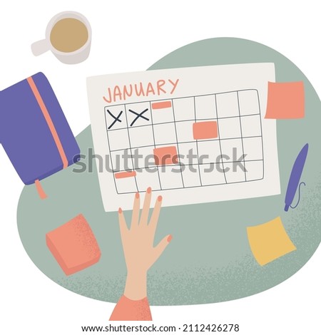 Concept of good time management, work plan. Organize your schedule. Calendar with stickers and notes, a board with a task, an agenda. Flat vector illustration